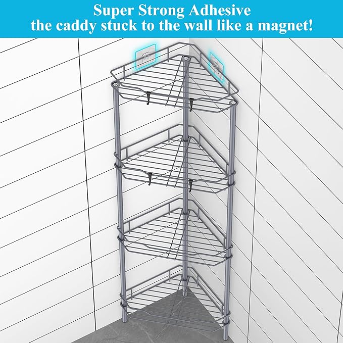 4 Tier Floor Standing Corner Shower Caddy Organizer Shelf with Hooks, Bathroom Shelves Stand Rack, Dark Gray