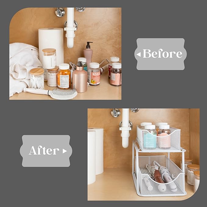 Sorbus 2 Sets of 2 Tier Metal Under Sink Organizer for Bathroom, Kitchen, Strong Steel Mesh Sliding Drawers for Under Sink, Under Cabinet, Closet, Kitchen, Pantry, Bathroom Organizers and Storage