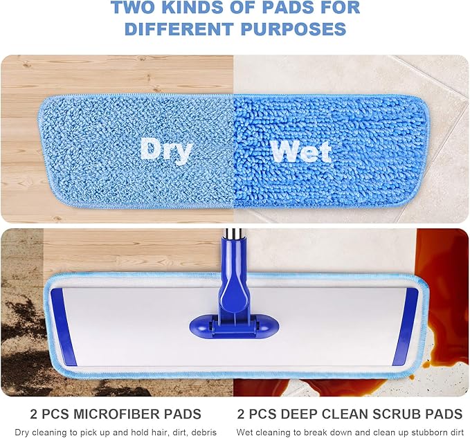 18" Professional Microfiber Mop Floor Cleaning System, Flat Mop with Stainless Steel Handle, 4 Reusable Washable Mop Pads, Wet and Dust Mopping for Hardwood, Vinyl, Laminate, Tile Cleaning