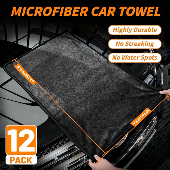 12 PCS Microfiber Towels for Cars 24x16 Inch Microfiber Cleaning Cloths Bulk Soft Car Detailng Towel Cloths 600 GSM Detailing Buffing Quick Drying Towel Polishing Waxing Auto Detailing Towel Cloth