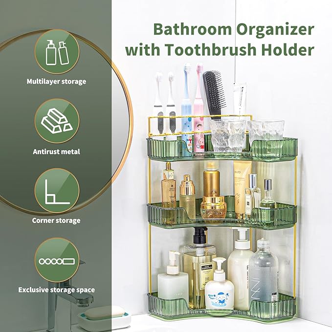 NATURE'S SOURCE Makeup Organizer for Vanity, 3-Tier Corner Bathroom Organizer Countertop with Makeup Brush Holder, Corner Counter Storage for Bathroom Dresser- Green