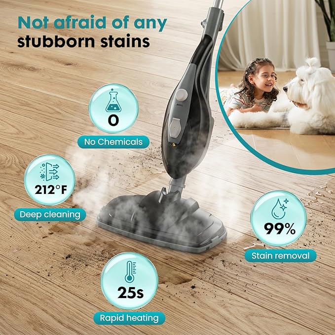 OLIXIS 10-in-1 Steam Mop, 1550W Detachable Handheld Steam Cleaner for Floor Cleaning, 16FT Cord, 2 Washable Pads, Multi-Purpose Floor Steamer for Hardwood, Carpet, Tile, Grout, Windows, Black Grey