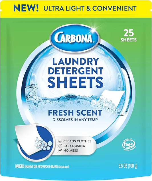 Carbona Laundry Detergent Sheets | Eco-Friendly Washing Detergent | Up to 50 Loads (25 Sheets) | Stain Remover | Fresh Scent