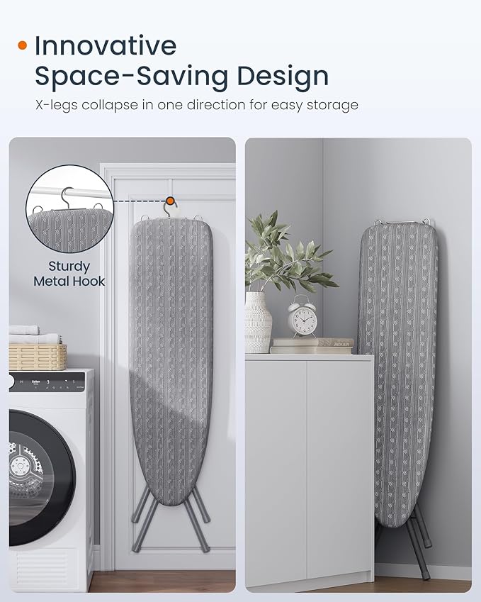 SONGMICS Ironing Board, Foldable Iron Board, Height Adjustable up to 35 Inches, with 4 Layered Cover and Pad, Iron Rest, Hook, Steel X-Legs, for Home, Laundry Room, Dorm, Dove Gray ULLB001G01