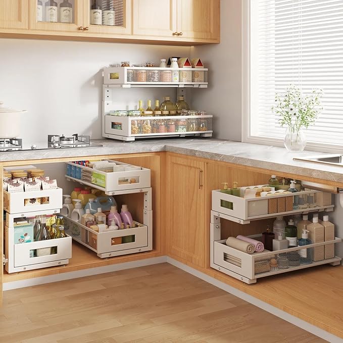 1 Pack 19IN Depth Under Sink Organizer, 2-Tier Pull Out Cabinet Organizer With Smooth Circular Rail, Large Capacity Metal Mesh Sliding Drawers For Bathroom& Kitchen Storage,Height Adjustable –White