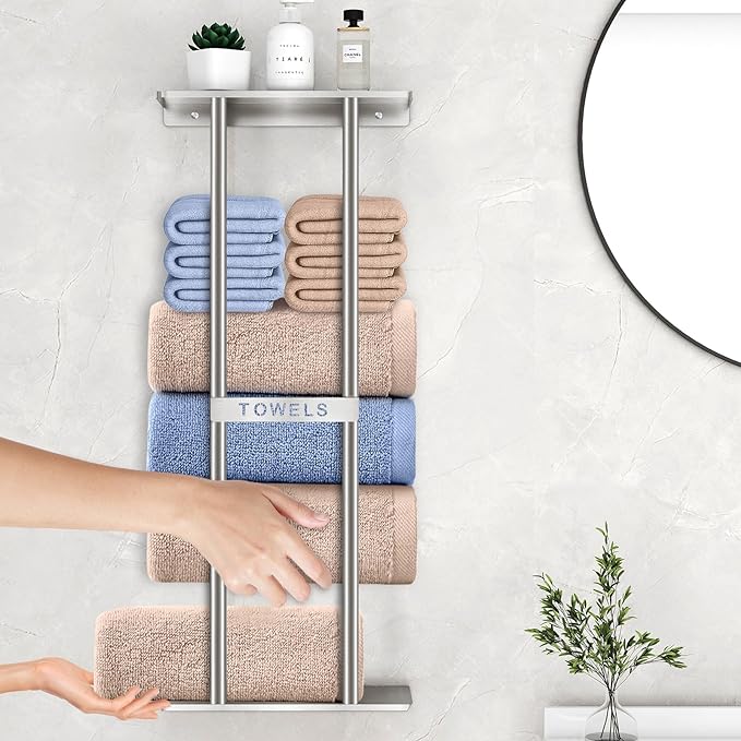 Bathroom Towel Storage for Bathroom, Wall Towel Rack for Rolled Towels, 30 inch Towel Holder Wall Mounted with Metal Shelf Can Holds 6 Large Towels, Brushed Nickel