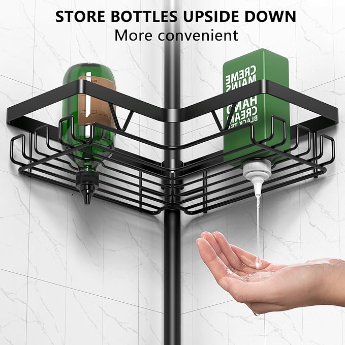 Tension Pole Shower Caddy, 4-Tier Stainless Steel Shower Organizer with 2 Removable Soap Holders, 25 to 114.2 Inches, for Bathtub/Bathroom Corner, Renters Friendly, Black