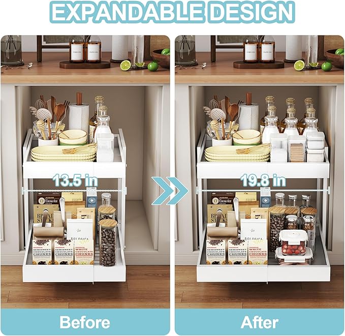 Golener 2-Tier Expandable Pull Out Cabinet Organizer - Slide Out Drawers for Kitchen Cabinets, Bathroom Organizers and Storage, Under Sink Organizer for Kitchen Storage Organization, White Metal Frame