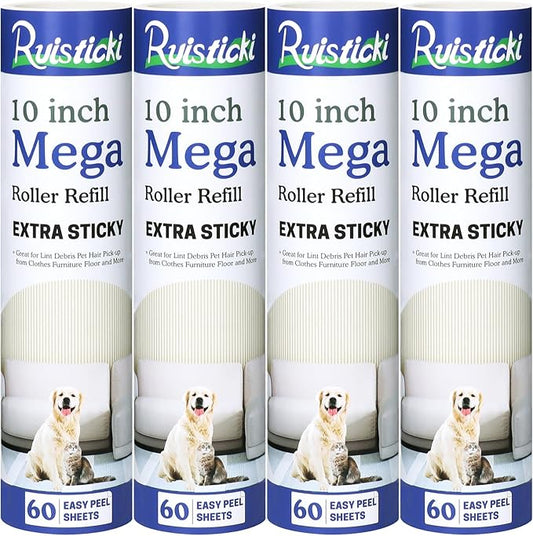 10 inch Mega Lint Roller Refills for Evercare Layers Smart Design Large Lint Rollers, 50% Stickier Refills Pack of 4, 60 Sheets per Refill, Total 240 Extra Sticky Sheets