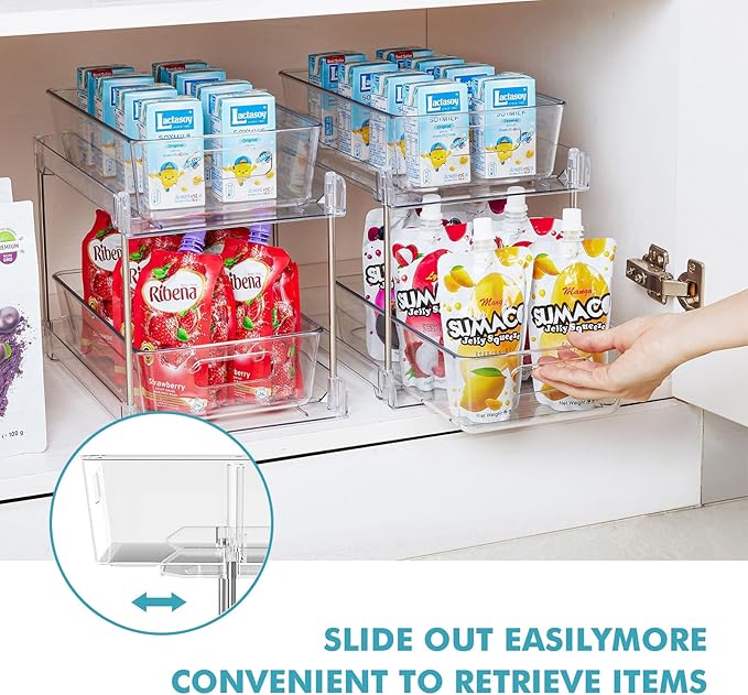 2 Pack Clear Bathroom Organizers and Storage, 2 Tier Pull Out Under Sink Cabinet Organizer Plastic Drawer Organization and Storage for Bathroom and Kitchen