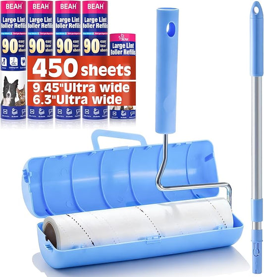 Large Lint Roller for Pet Hair Extra Sticky,10 Years Lifespan,9.45''/6.3" Pet Hair Removal Tool Roller for Dog Cat Hair,450 Sheets/5 Refills,Detachable Telescoping Extension Lint Remover Brush