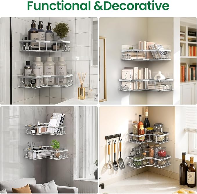 Adhesive Shower Caddy, 4 Pack Corner Bath Organizer, Rustproof Stainless Steel Shower Shelves with Large Capacity, No Drilling Shelves for Bathroom Storage, Home, Kitchen Decor (Silver).