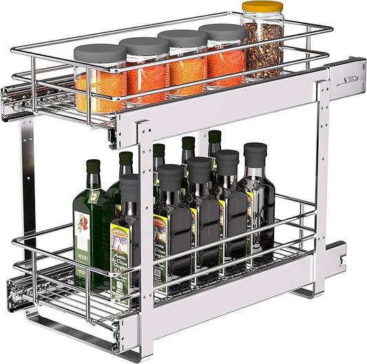 (8" W x 22" D 2-Tier Narrow Cabinet Pull Out Shelves | Heavy Duty Slide Out Shelves for Kitchen Cabinets, 22 Inch Deep Under Cabinet Organizer, Chrome