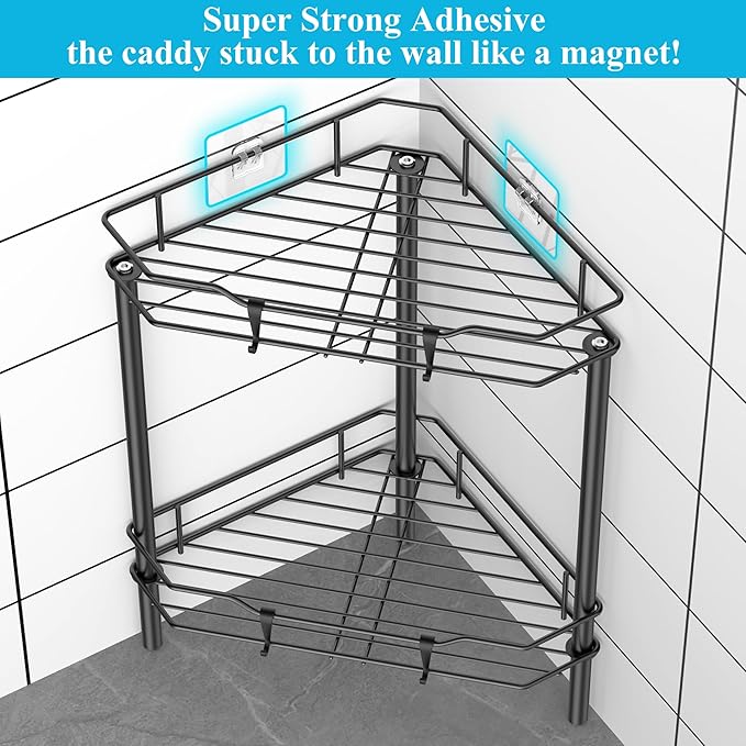 2 Tier Floor Standing Corner Shower Caddy Organizer Shelf with Hooks, Bathroom Shelves Stand Rack, Black