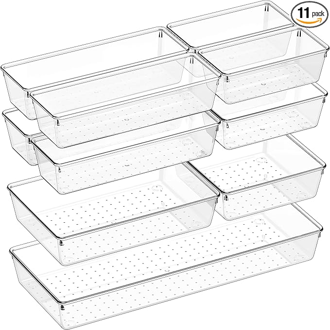 Criusia 11 PCS Clear Plastic Drawer Organizer Set - 5 Large Size Versatile Kitchen and Bathroom Organizer Trays, Non-Slip Storage Bins for Makeup, Utensils, Tool and Office Desk