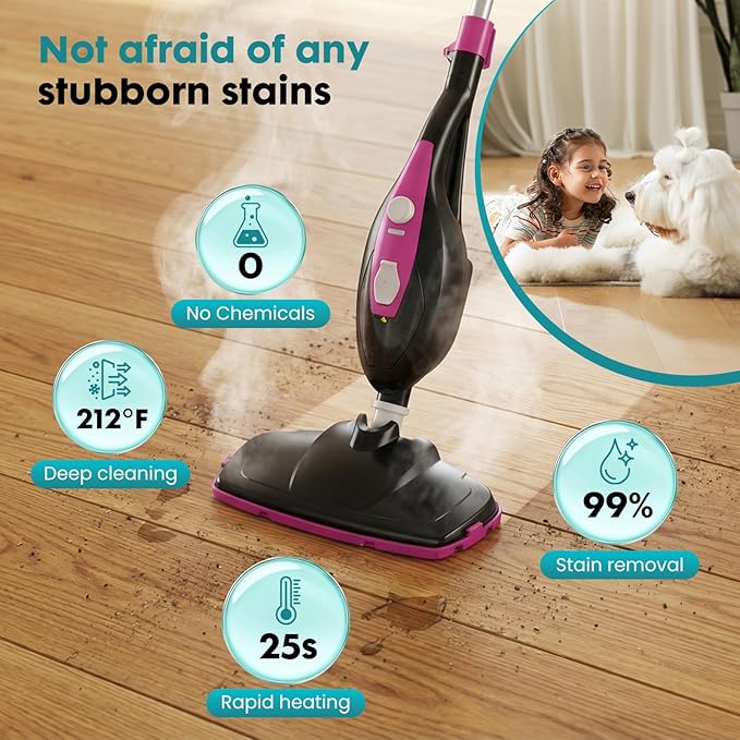 OLIXIS 10-in-1 Steam Mop, 1550W Detachable Handheld Steam Cleaner for Floor Cleaning, 16FT Cord, 2 Washable Pads, Multi-Purpose Floor Steamer for Hardwood, Carpet, Tile, Grout, Windows, Black Pink