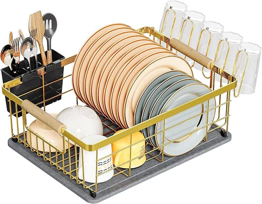 Dish Drying Rack Gold with Diatomaceous Earth 1 Tier,Multifunctional Dish Racks for Kitchen Counter Quick-Drying,Large Capacity Space Saving with Cutlery Cups Holder