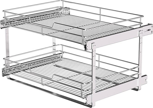 (23" W x 22" D Cabinet Pull Out Shelves, 2-Tier | Heavy Duty Kitchen Pull Out Shelves for Wide Cabinets, 22 Inch Deep Sliding Cabinet Organizer
