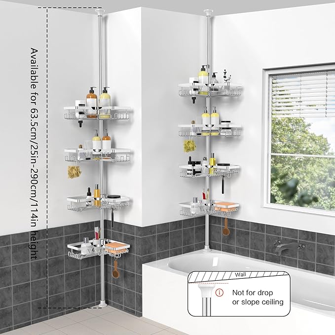 KEGII Corner Shower Caddy Tension Pole - Chrome 4-Tier Adjustable Shower Tension Rod Organizer with Hooks & Soap Holders, 25-114.2 Inch Stainless Steel Shower Storage Rack for Renters & Family