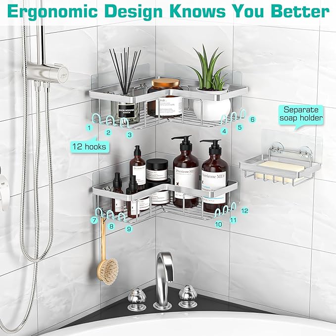 YASONIC Corner Shower Caddy, 3-Pack Adhesive Bathroom Caddy with Soap Holder and 12 Hooks, Rustproof Stainless Steel Shower Organizer, No Drilling Wall Mounted Shower Rack, Brushed Silver