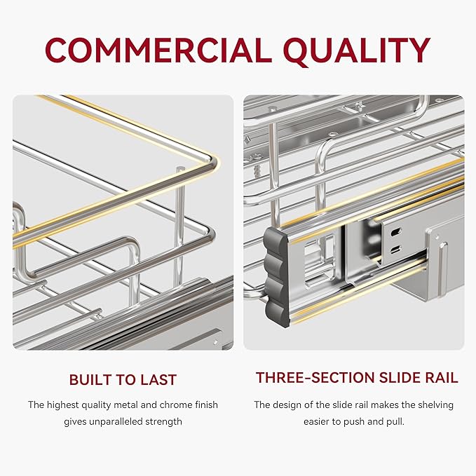 Under Sink Organizer 9" W X17 D, Pull Out Cabinet Organizer 2 Tier, Under Sink Slide Out Chrome Plated, Under Kitchen Bathroom Organizer, Pantry Cabinet Closet Organization Rack, 1 Pack