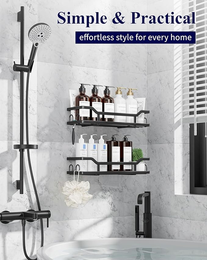 Kitsure Shower Caddy - 2 Pack, No Drilling Shower Organizer with 8 Hooks, Rustproof Stainless Steel Shower Shelf for Inside Shower, Wall Mounted Shower Rack for Bathroom, Kitchen, Black