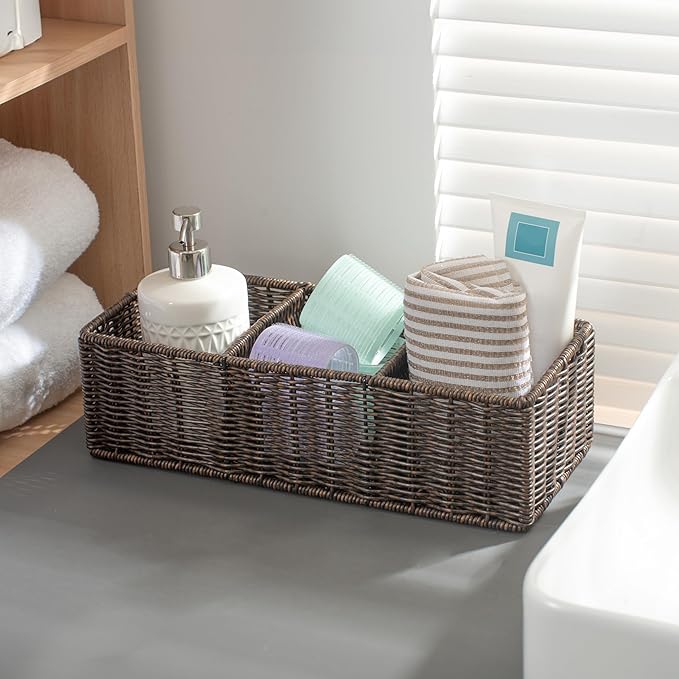 myHomeBody Wicker Basket With 3 Compartments, For Toilet Tank Paper Rolls, Hand Woven Bathroom Countertop Organizer, Bedroom Organization, 1pc, Rustic Brown