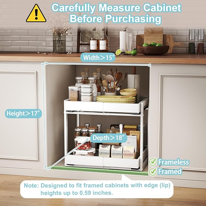 Golener 2-Tier Expandable Pull Out Cabinet Organizer - Slide Out Drawers for Kitchen Cabinets, Bathroom Organizers and Storage, Under Sink Organizer for Kitchen Storage Organization, White Metal Frame