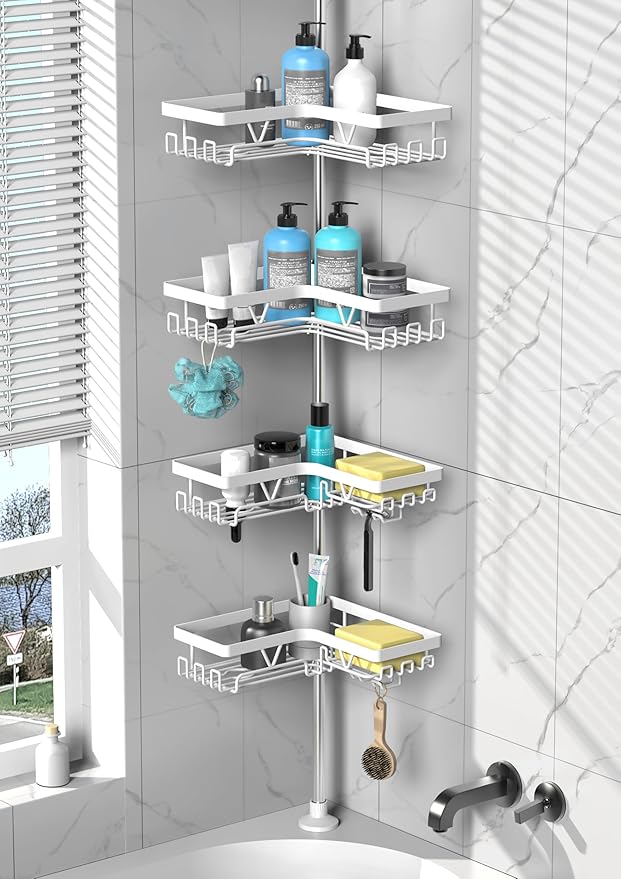 Shower Caddy Tension Pole Corner - Stainless Steel Bathroom Organizer White Tension Rod Shower Shelves for Tub(22-114.2inch), Renter Friendly