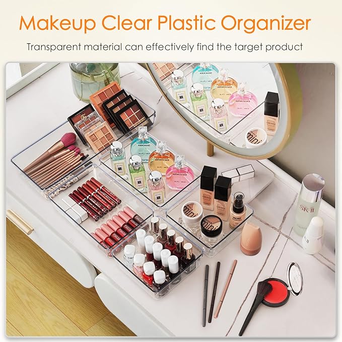 Criusia Drawer Organizer, 10 Pack Large Clear Plastic Set, 3 Size Versatile Bathroom and Vanity Organizer Trays, Storage Bins for Makeup, Bedroom, Kitchen Utensils