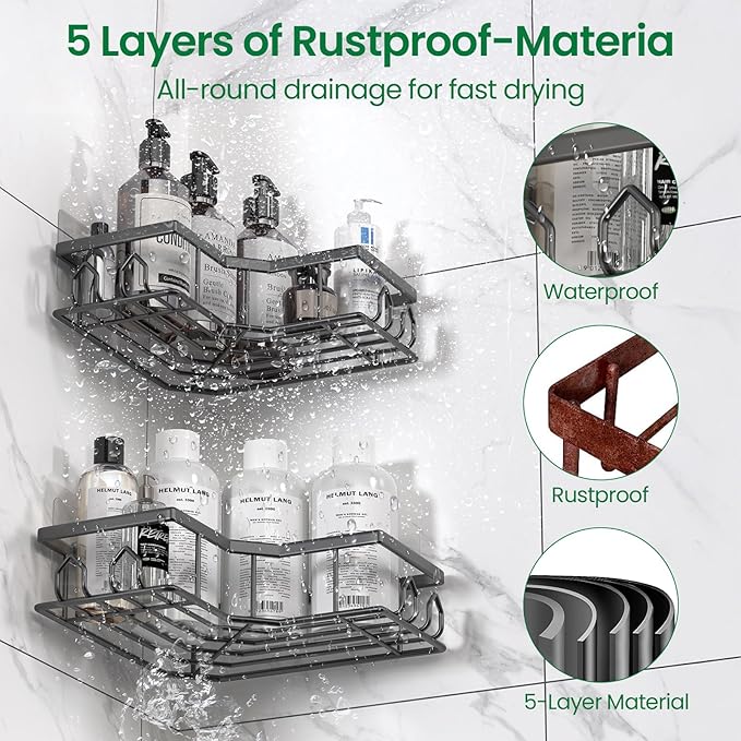 Adhesive Shower Caddy, 2 Pack Corner Bath Organizer, Rustproof Stainless Steel Shower Shelves with Large Capacity, No Drilling Shelves for Bathroom Storage, Home, Kitchen Décor