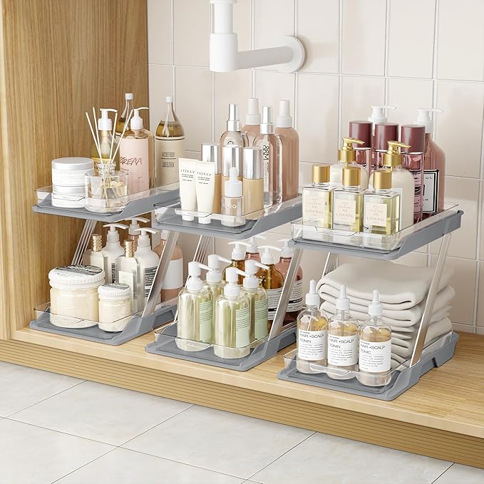 3 Pack Bathroom Organizers and Storage - Multi-Purpose,2-Tier Clear Pull Out Organization for Bathroom,Under Sink,Kitchen,Vanity,Countertop,Cabinet,Pantry & Medicine Cabinet,Grey