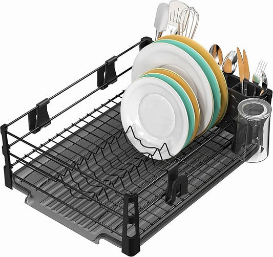 Simple Houseware Dish Drying Rack with Drainboard, Utensil Holder & Mug Hooks, Black Metal Kitchen Counter Organizer