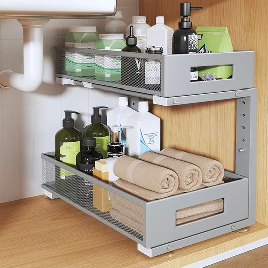 1 Pack 17IN Depth Under Sink Organizer, 2-Tier Pull Out Cabinet Organizer With Smooth Circular Rail, Large Capacity Metal Mesh Sliding Drawers For Bathroom& Kitchen Storage,Height Adjustable-Gun Gray