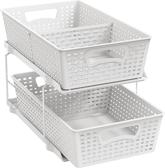 Simple Houseware 2 Tier Bathroom Organizer Tray Pull-Out Sliding Drawer, Under Sink Storage, White