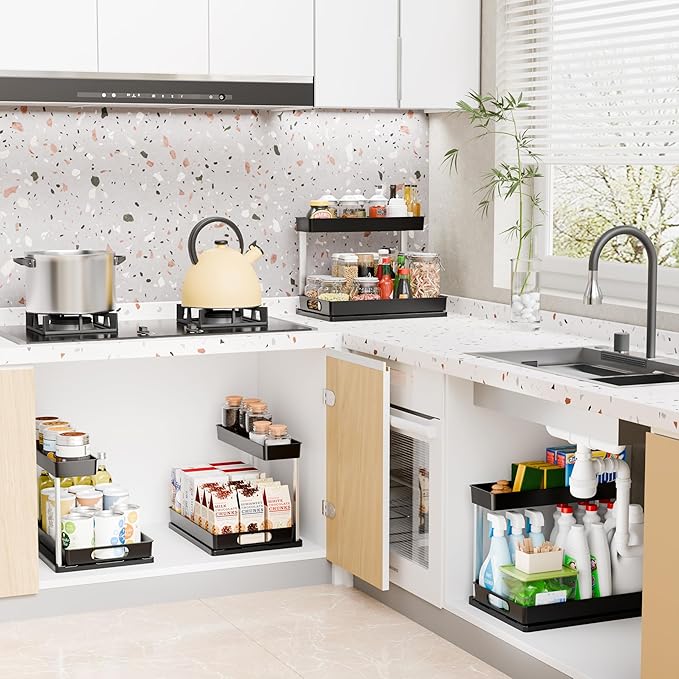 Yieach 2 Pack 10.8″ High Pull Out Under Sink Organizer,14.5″ Deep 2 Tier Slide Out Cabinet Organizer for Kitchen Cabinet,Undersink Organizers,Under Sink Shelves,Bathroom Organizers and Storage,Black