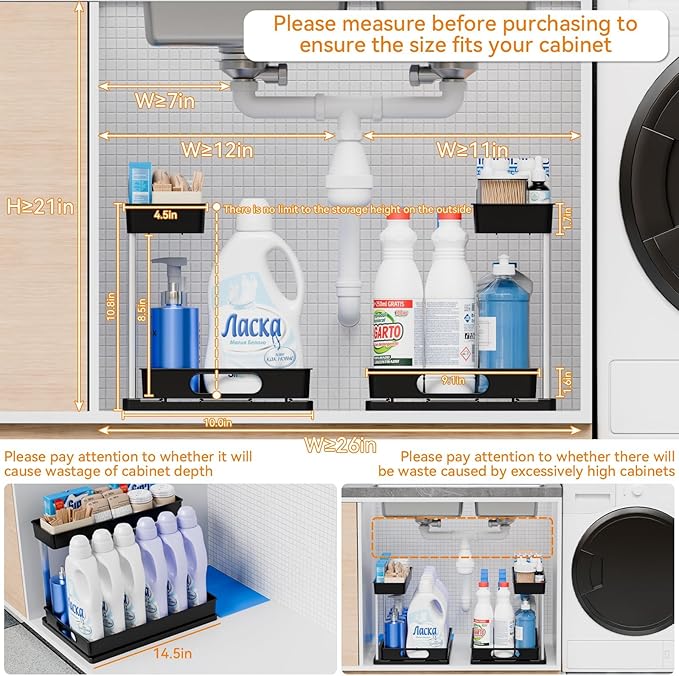 Yieach 2 Pack 10.8″ High Pull Out Under Sink Organizer,14.5″ Deep 2 Tier Slide Out Cabinet Organizer for Kitchen Cabinet,Undersink Organizers,Under Sink Shelves,Bathroom Organizers and Storage,Black