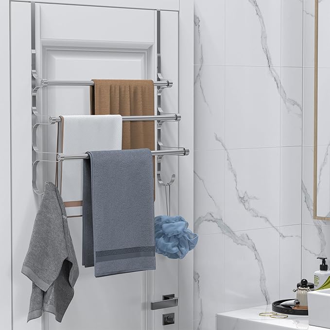 Over The Door Towel Rack, Extendable Triple Towel Storage Holder with Hooks, 24.02 Inches Towel Bar Hanger Towel Racks for Bathroom (Silver)