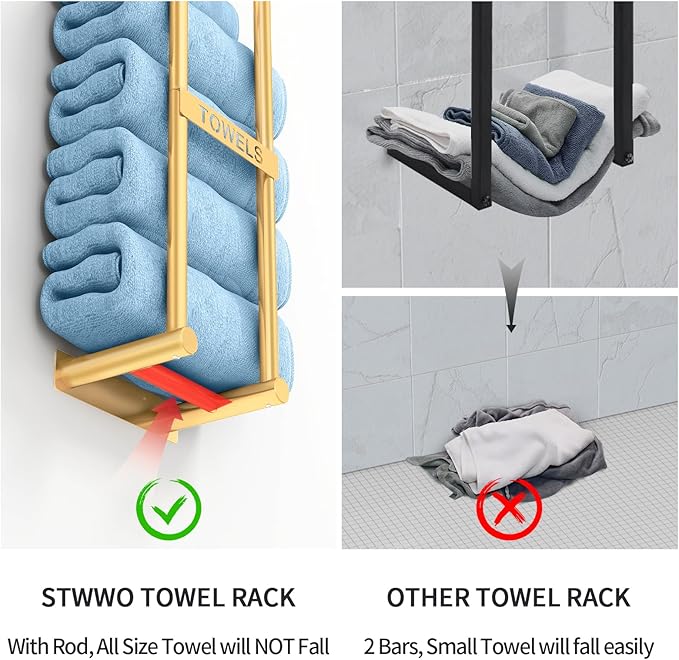 Towel Racks for Bathroom, STWWO Bathroom Towel Storage Wall Mounted, Stainless Steel, 22inch, Gold