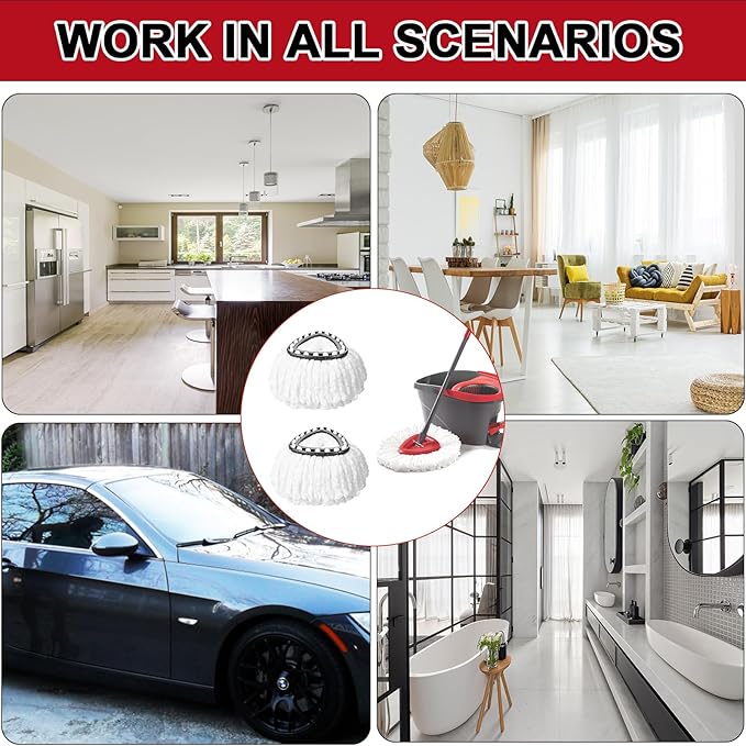 4Pcs Mop Head Replacements,Spin Mop Replacement Head Compatible with Cedar Easywring 1-Tank System Including Machine Washable & Easy to Replace,2 Spin mop Replacement Heads,1 Brush Head and 1 Base