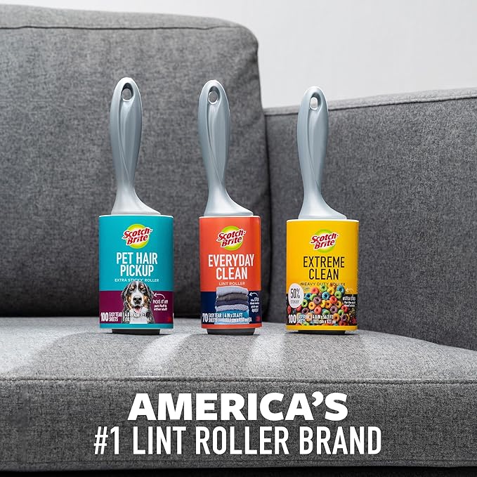 Scotch-Brite Everyday Clean Lint Roller, Lint Remover for Pet Hair, Dark Clothes, Furniture, and Dusty Surfaces, Picks Up Fur & Fluff in Your Home, Car, & Office, 1 Pack, 100 Adhesive Sheets Total