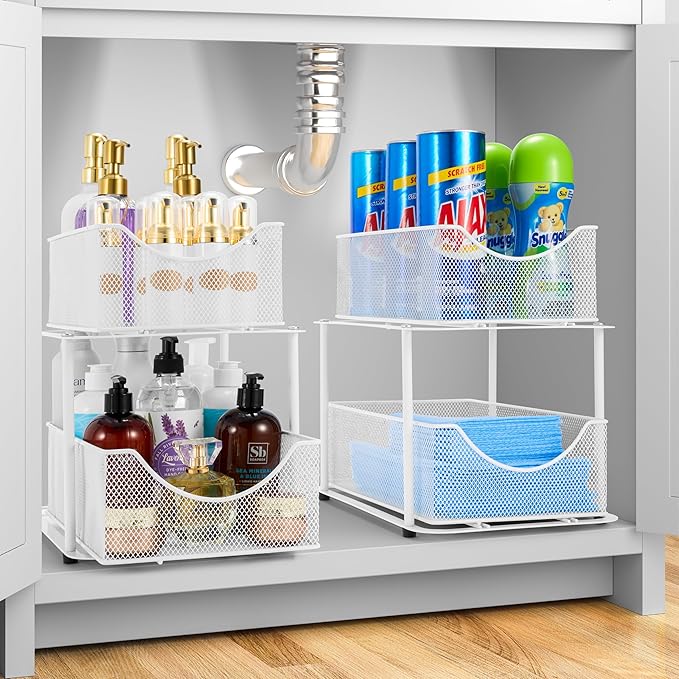 Sorbus 2 Sets of 2 Tier Metal Under Sink Organizer for Bathroom, Kitchen, Strong Steel Mesh Sliding Drawers for Under Sink, Under Cabinet, Closet, Kitchen, Pantry, Bathroom Organizers and Storage