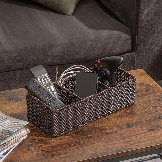 myHomeBody Wicker Basket With 3 Compartments, For Toilet Tank Paper Rolls, Hand Woven Bathroom Countertop Organizer, Bedroom Organization, 1pc, Rustic Brown