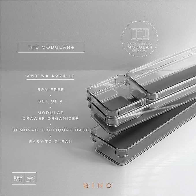 BINO | 4-Piece Drawer Organizer Bin Set - Navy, Small | THE MODULAR+ | Multi-Purpose Storage | Soft-Grip Lining and Non-Slip Rubber Feet | Durable | BPA-Free | Desk Drawer Organizer | Vanity Organizer