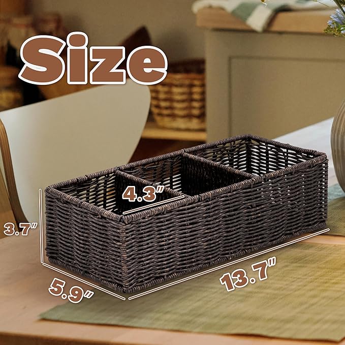 myHomeBody Wicker Basket With 3 Compartments, For Toilet Tank Paper Rolls, Hand Woven Bathroom Countertop Organizer, Bedroom Organization, 1pc, Rustic Brown
