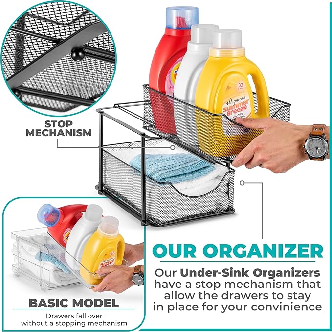 Sorbus 2 Tier Metal Under Sink Organizer for Bathroom, Kitchen, Strong Steel Mesh Sliding Drawers for Under Sink, Under Cabinet, Closet, Kitchen, Pantry, Bathroom Organizers and Storage (Black)