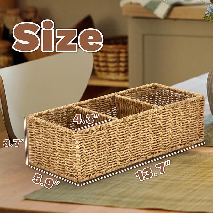 myHomeBody Wicker Basket With 3 Compartments, For Toilet Tank Paper Rolls, Hand Woven Bathroom Countertop Organizer, Bedroom Organization, 1pc, Tan