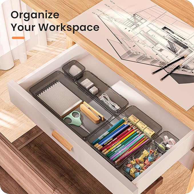 A-LuGei 【Military Grade】 Drawer Organizer, 【𝟱𝗦𝗶𝘇𝗲】 Clear Makeup organizer, 【Holds 177 Items】 Bathroom Organizers and Storage, Plastic Desk Organizer Divider, Organizer Bins for Office Vanity