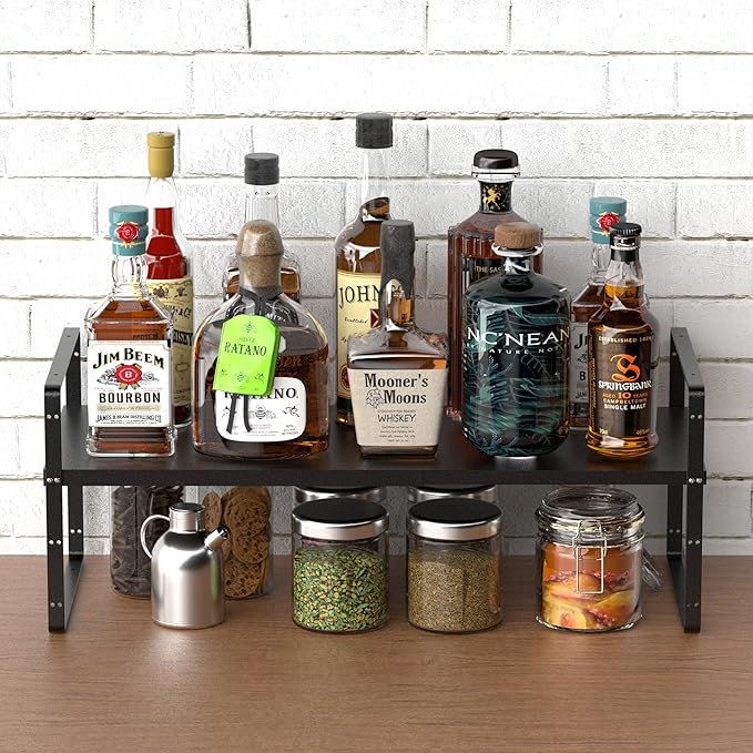 SANNO Expandable Kitchen Shelf Organizers, Stackable Cabinet Shelf Organizer Storage Rack, Countertop Organizer Kitchen Pantry Cupboard Pantry,Black, 10" W, 1 Pack