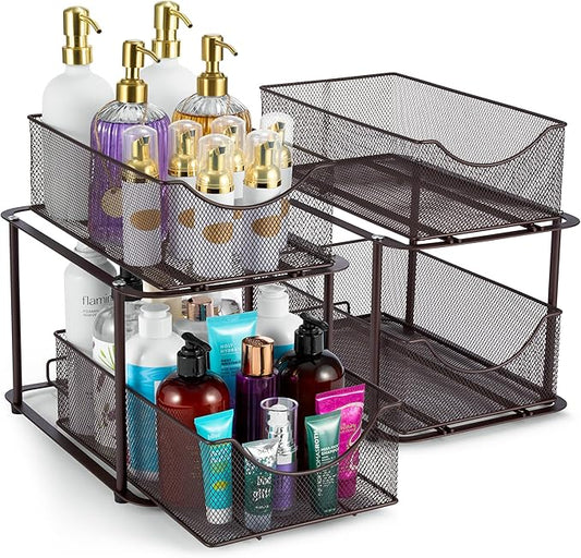 Sorbus 2 Sets of 2 Tier Metal Under Sink Organizer for Bathroom, Kitchen, Strong Steel Mesh Sliding Drawers for Under Sink, Under Cabinet, Closet, Kitchen, Pantry, Bathroom Organizers and Storage